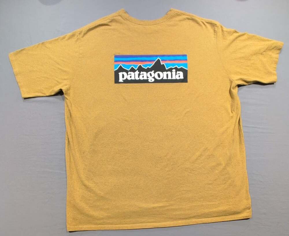 Patagonia Size 3XL Yellow Graphic Short Sleeve T-Shirt P-6 Logo Responsibili-Te